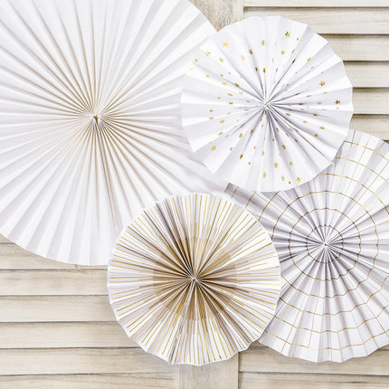Abanicos de Papel Oro Blanco Set 23-40cm 4 piezas