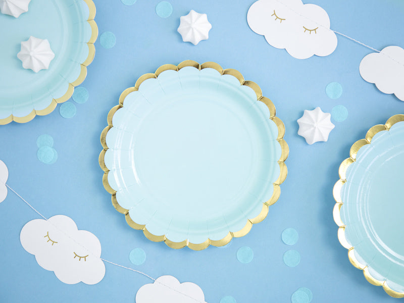Platos Azul Claro Cartón Oro 18cm 6pcs