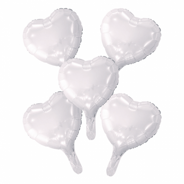 5 Globos de foil corazón con pajita de papel 9" blanco