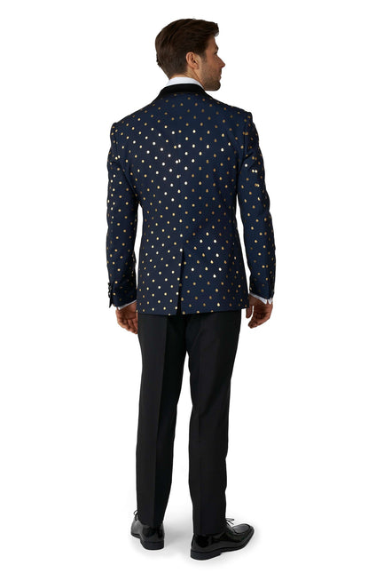 Esmoquin azul oscuro con lunares dorados para hombre <tc>OppoSuits</tc>