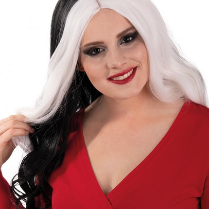 Peluca Selena Larga Con Rizos Negra Y Blanca Con Un Lok Blanco