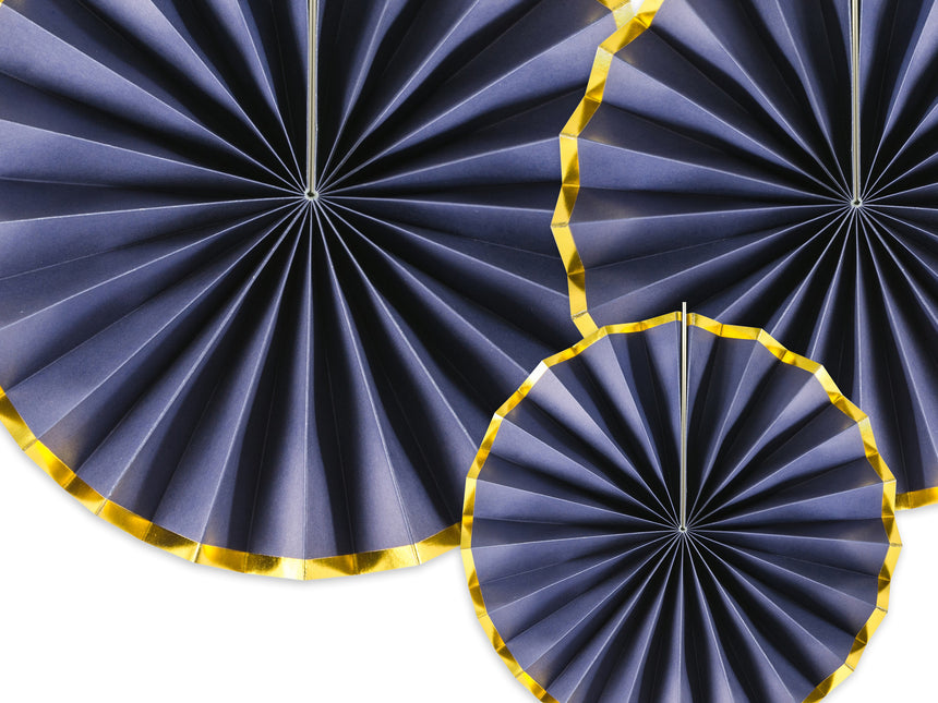 Abanicos de Papel Azul Oscuro Dorado Set 23-40cm 3 piezas