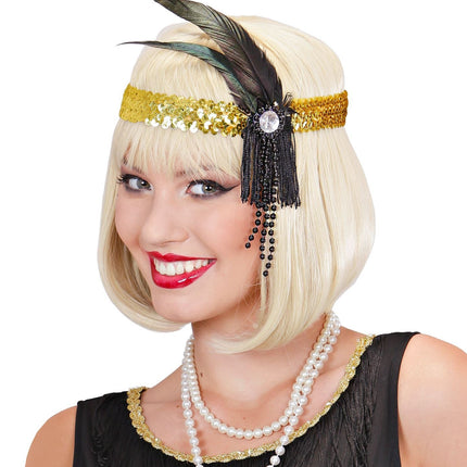 Diadema Oro Lentejuelas Con Plumas
