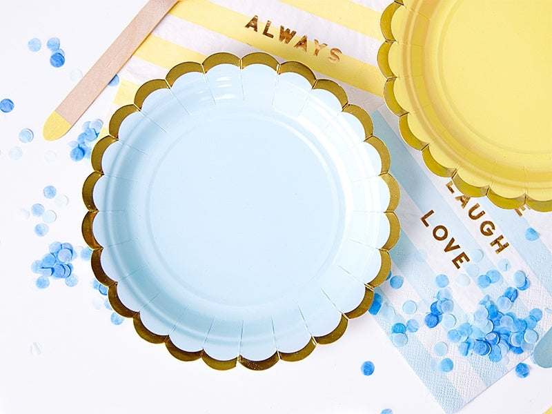 Platos Azul Claro Cartón Oro 18cm 6pcs