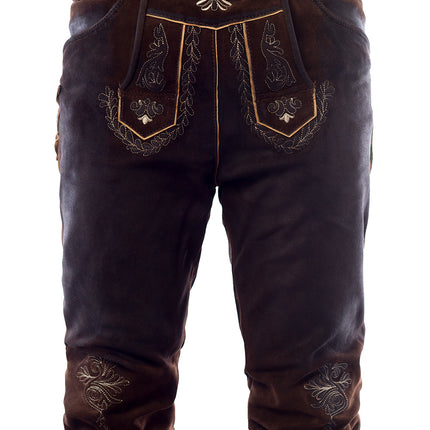 Lederhose Cuero Largo Marrón Oscuro Cosido y Tirantes