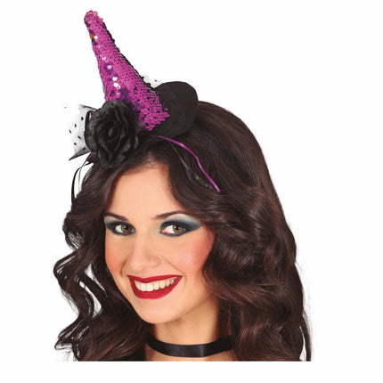 Diadema de Halloween Mini Sombrero de Bruja Lentejuelas Moradas