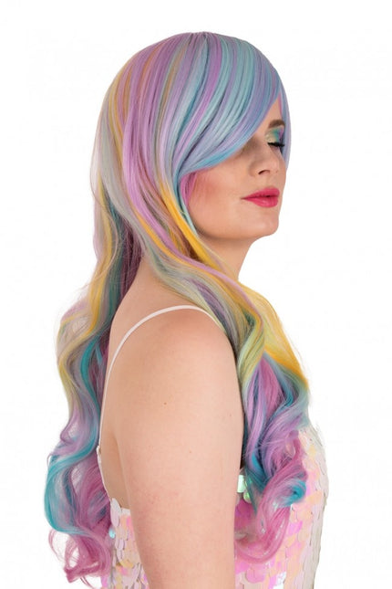 Peluca Selena Larga Con Rizos Arco Iris Pastel Con Flequillo Ladeado