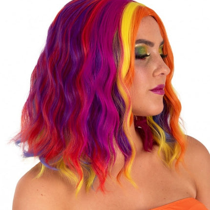 Peluca Alicia Media Larga Con Ondas Rojo, Amarillo Y Naranja