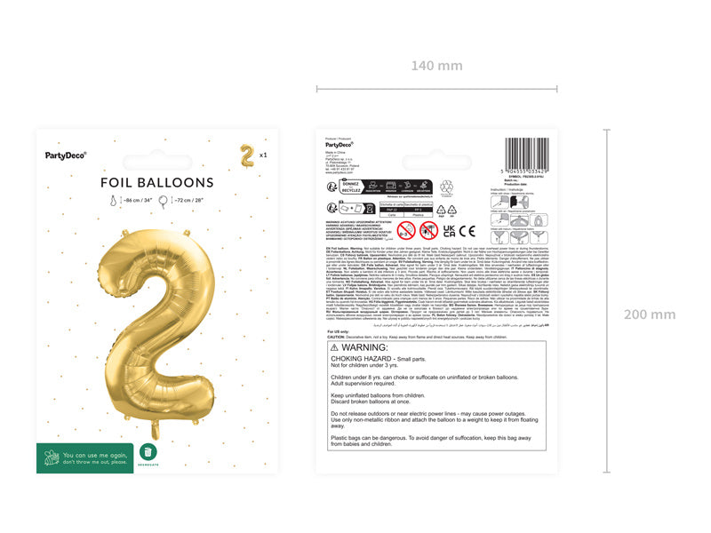 Globo Figura 2 Años Oro Vacío 72cm