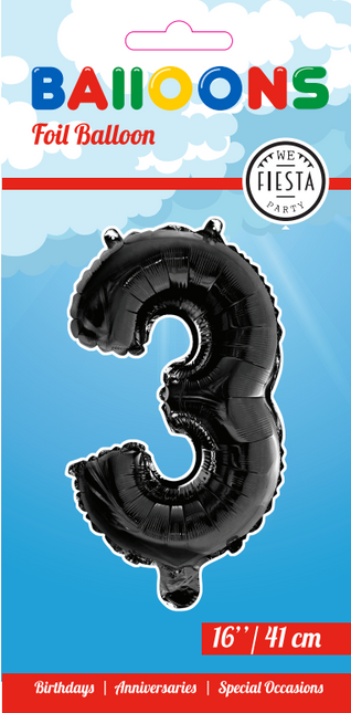 Globo Foil Figura 3 Negro 41cm con Pajita