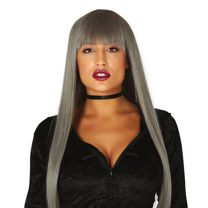 Peluca Halloween Pelo Largo Flequillo Gris