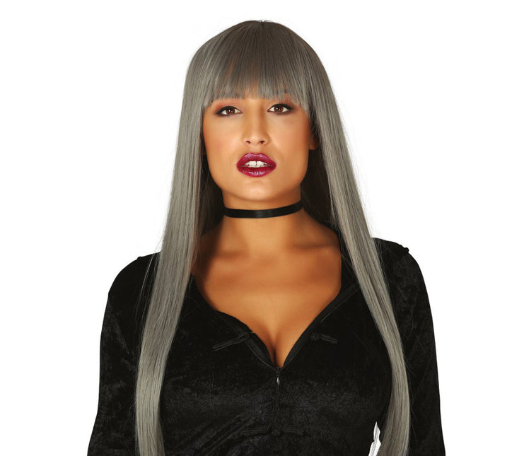Peluca Halloween Pelo Largo Flequillo Gris