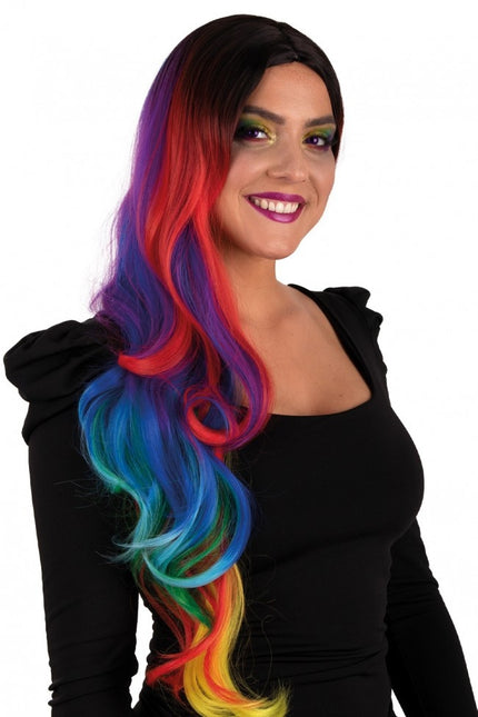 Peluca Selena Larga Con Rizos Arco Iris Por Todas Partes