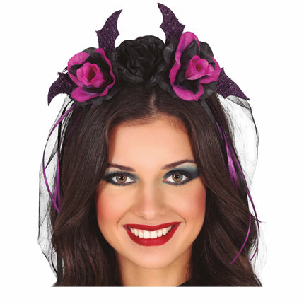 Diadema Halloween Negra Flores Moradas Y Velo
