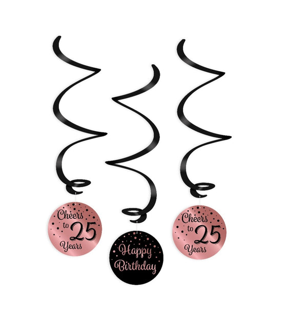 Colgante Decoración 25 Años Feliz Cumpleaños Negro Rosa 17cm 3pcs