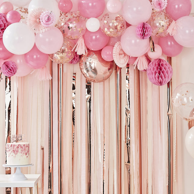 Conjunto Globos Rosas Borlas Y Panales 179 piezas