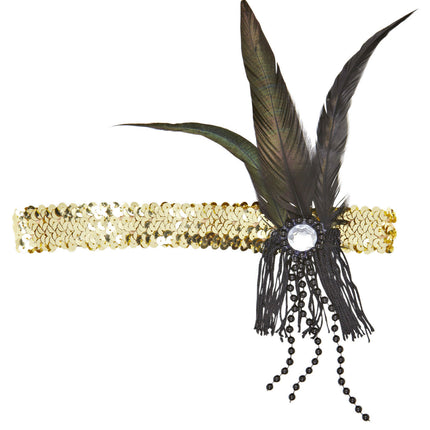 Diadema Oro Lentejuelas Con Plumas