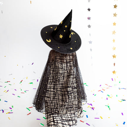 Sombrero de bruja de Halloween dorado negro