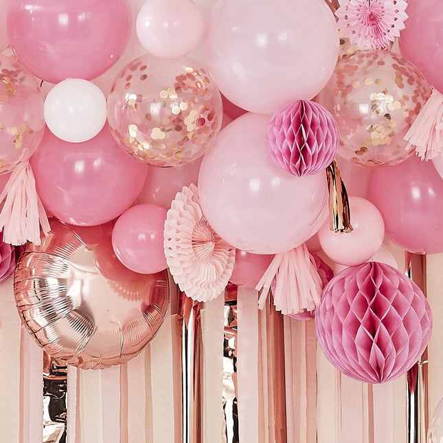 Conjunto Globos Rosas Borlas Y Panales 179 piezas