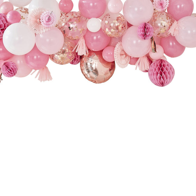 Conjunto Globos Rosas Borlas Y Panales 179 piezas