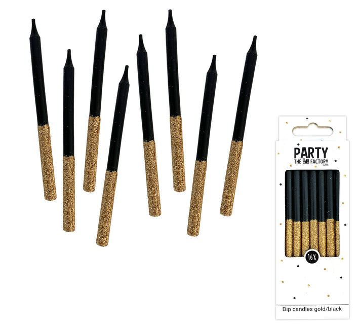 Velas Glitter Dip Negro Oro 8cm 16pcs