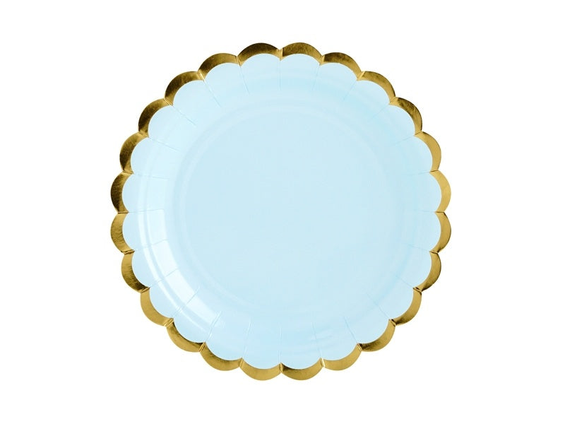 Platos Azul Claro Cartón Oro 18cm 6pcs