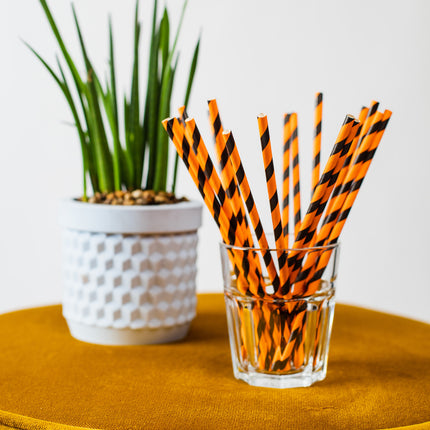 Pajitas de Papel Naranja/Negro Rayas 19.7cm 20pcs