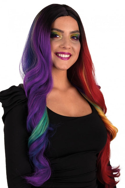Peluca Selena Larga Con Rizos Arco Iris Dos Caras