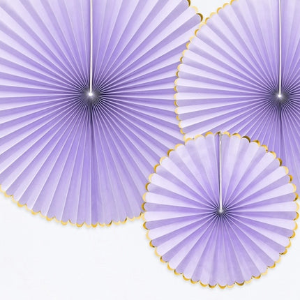 Abanicos de Papel Oro Lila Set 23-40cm 3 piezas