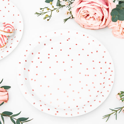 Platos Blancos Lunares Oro Rosa 18cm 6pcs