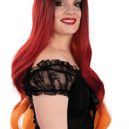 Peluca Selena Larga Con Rizos Roja Y Naranja