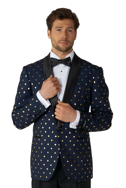 Esmoquin azul oscuro con lunares dorados para hombre <tc>OppoSuits</tc>