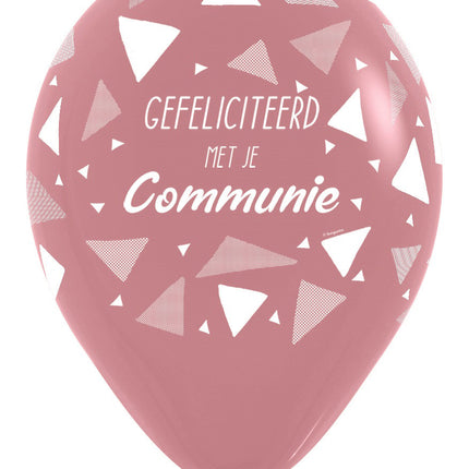 Globos Felicidades por tu Comunión Triángulos Palo de Rosa 30cm 25pcs