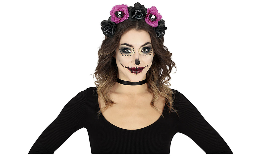 Diadema Halloween Flores Negro Morado