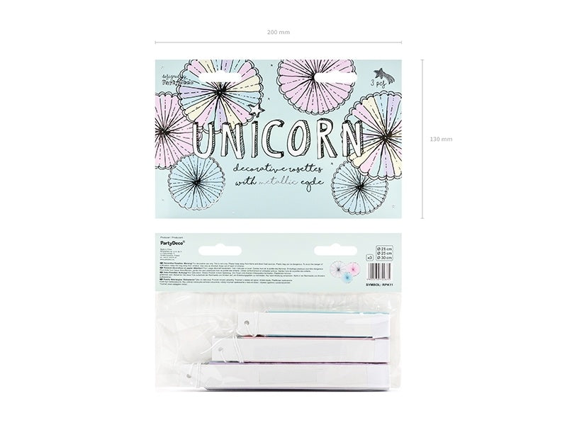 Abanicos de Papel de Colores Set Unicornio 21-30cm 3 piezas