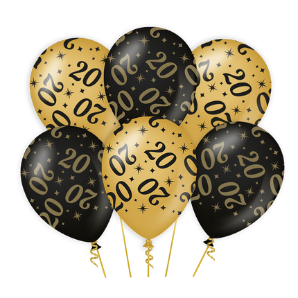 Globos Oro Negro 20 Años 30cm 6pcs