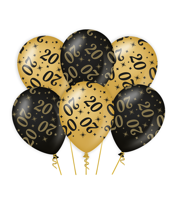 Globos Oro Negro 20 Años 30cm 6pcs