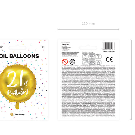 Globo de Helio 21 Cumpleaños Oro Vacío 45cm