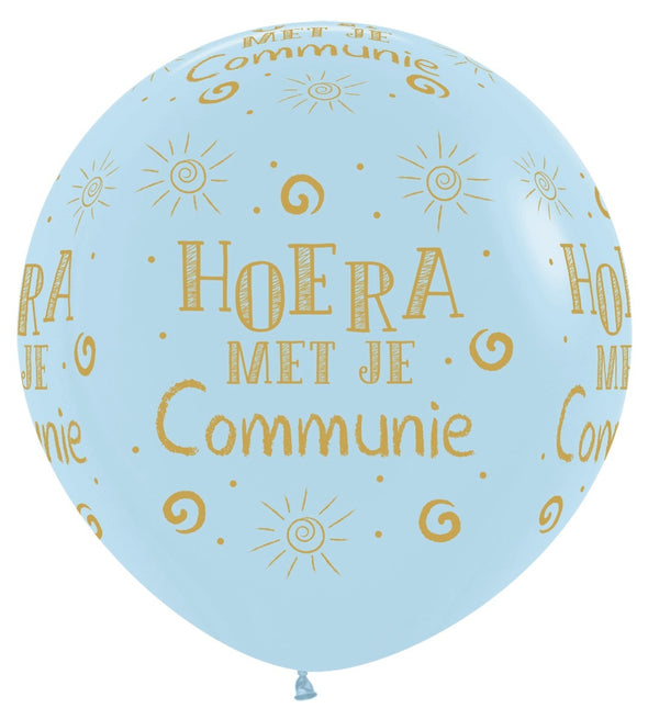 Globos Hurra Con Tu Comunión Azul Mate Pastel 91cm 2pcs