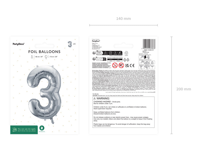 Globo Figura 3 Años Plata Vacío 72cm