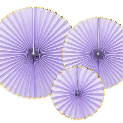 Abanicos de Papel Oro Lila Set 23-40cm 3 piezas