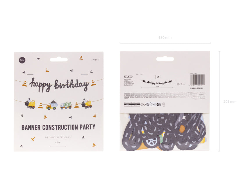 Feliz Cumpleaños Letra Guirnalda Vehículos de Construcción 2m