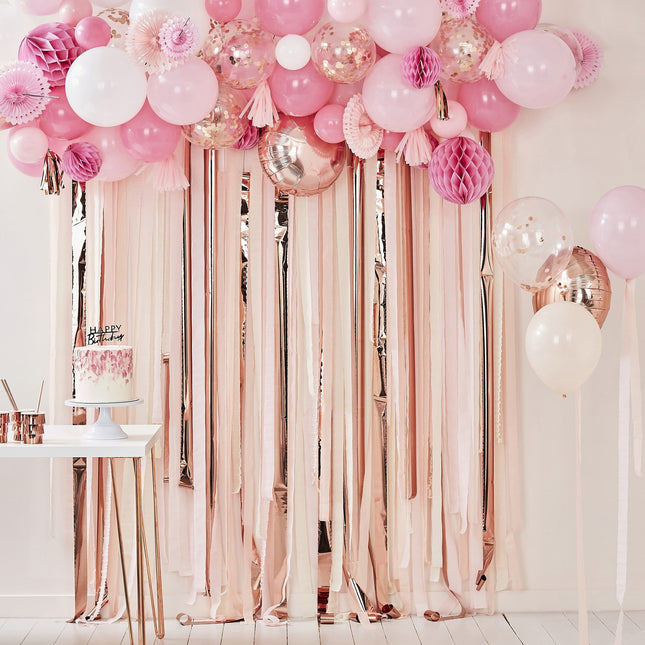 Conjunto Globos Rosas Borlas Y Panales 179 piezas