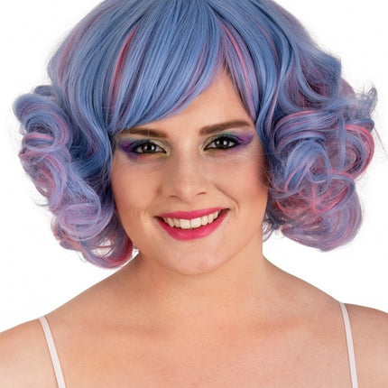 Peluca Arlene Corta Con Rizos Azul Pastel Y Rosa