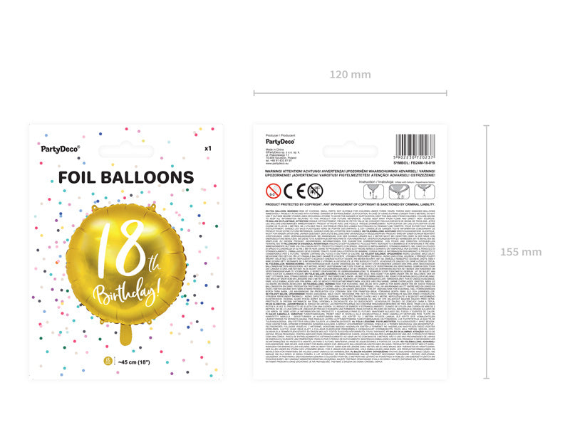Globo de Helio 18 Cumpleaños Oro Vacío 45cm