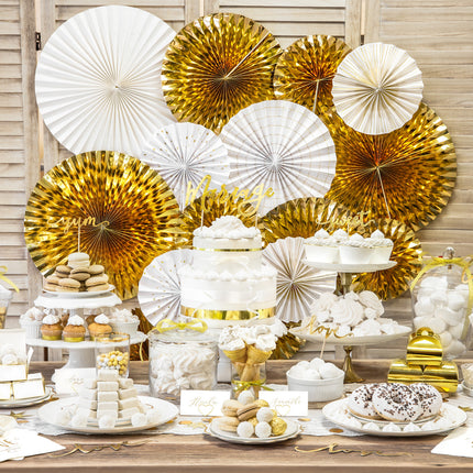 Abanicos de Papel Oro Blanco Set 23-40cm 4 piezas
