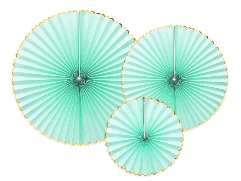 Abanicos de Papel Verde Menta Dorado Set 23-40cm 3 piezas