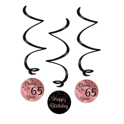Colgante Decoración 65 Años Feliz Cumpleaños Negro Rosa 17cm 3pcs