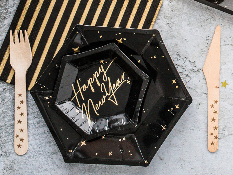 Platos Negros Estrellas Doradas 20cm 6pcs