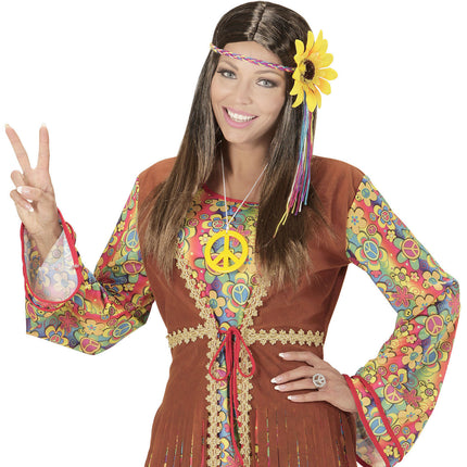 Peluca Hippie 60S Marrón Con Diadema Girasol